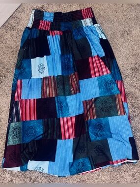 Patchwork Blue Multi-Color Elastic Waist Skirt